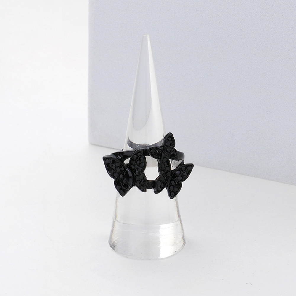 Black Butterfly Ring Triple Rhinestones Crystal Cute Finger Statement Accessory